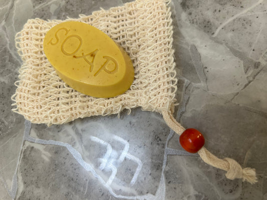Tumeric and honey moisturising soap plus sisal soap bag